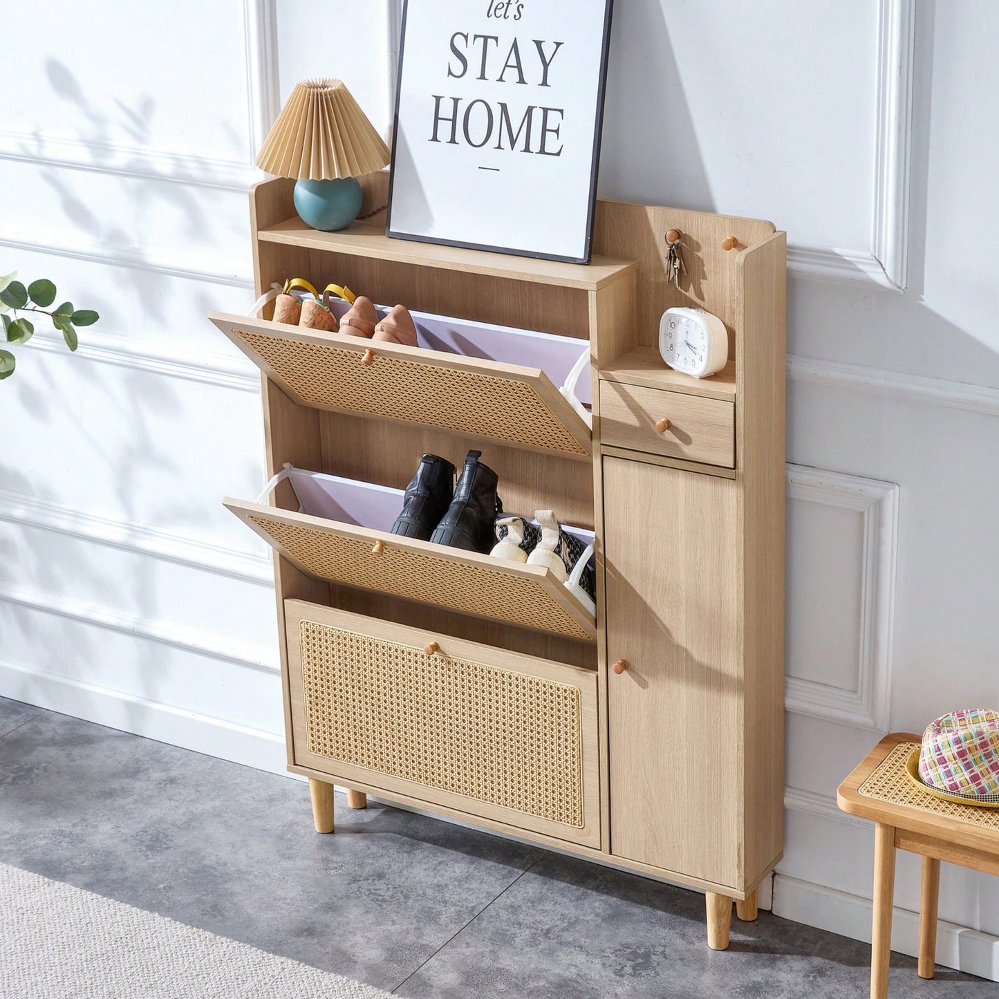 Elegant Minimalist Rattan Shoe Cabinet for Hallway and Living Room Stylish MDF Light Wood Storage Solution