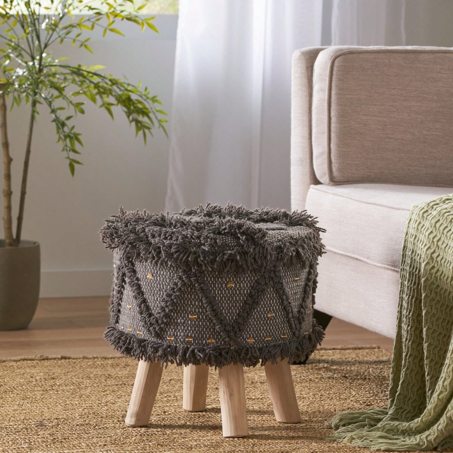 Roja Handcrafted Wool & Cotton Stool: Boho Chic For Your Space