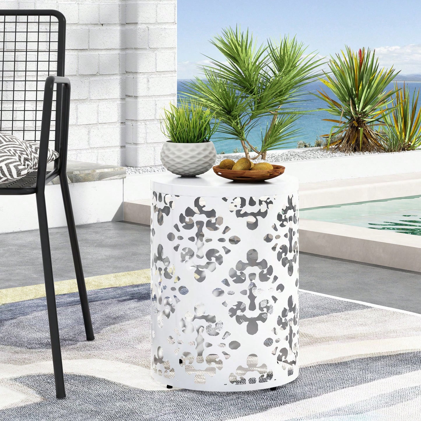 Outdoor Side Table, Metal Accent Table With Floral Design, Cylindrical End Table For Patio, Balcony, Garden, No Assembly Required