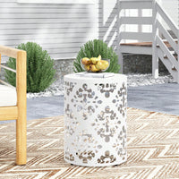 Outdoor Side Table, Metal Accent Table With Floral Design, Cylindrical End Table For Patio, Balcony, Garden, No Assembly Required