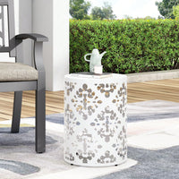 Outdoor Side Table, Metal Accent Table With Floral Design, Cylindrical End Table For Patio, Balcony, Garden, No Assembly Required