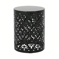 Outdoor Side Table, Metal Accent Table With Floral Design, Cylindrical End Table For Patio, Balcony, Garden, No Assembly Required