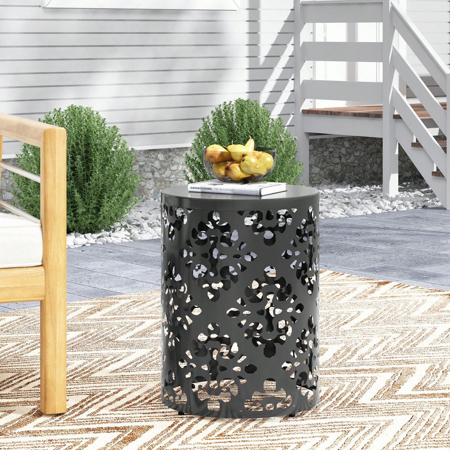 Outdoor Side Table, Metal Accent Table With Floral Design, Cylindrical End Table For Patio, Balcony, Garden, No Assembly Required