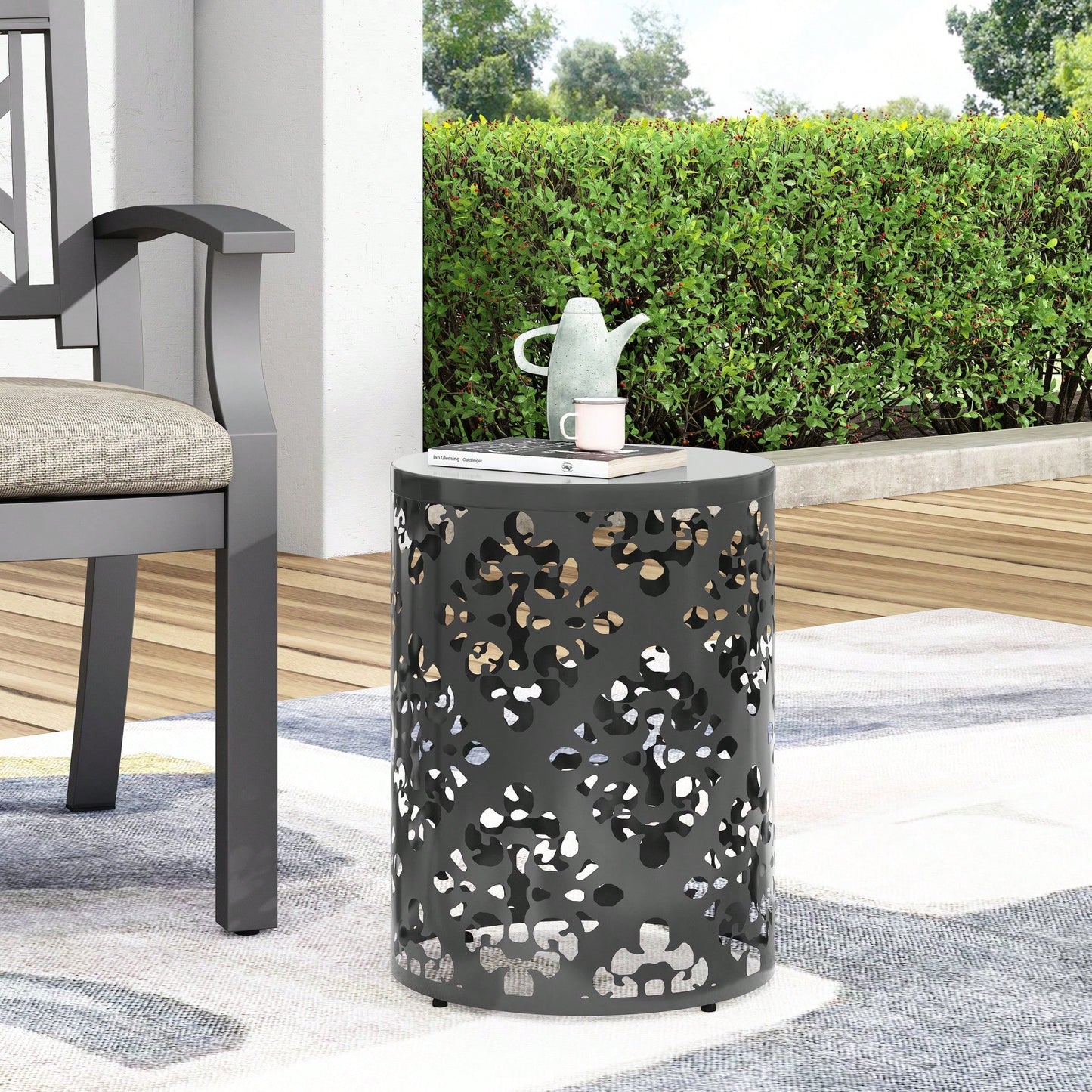 Outdoor Side Table, Metal Accent Table With Floral Design, Cylindrical End Table For Patio, Balcony, Garden, No Assembly Required