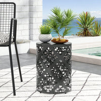 Outdoor Side Table, Metal Accent Table With Floral Design, Cylindrical End Table For Patio, Balcony, Garden, No Assembly Required