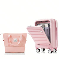 Front Opening 20-Inch Carry-On Luggage Set: Expandable Travel Bag With USB Port And Cup Holder