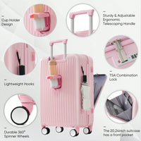 Front Opening 20-Inch Carry-On Luggage Set: Expandable Travel Bag With USB Port And Cup Holder