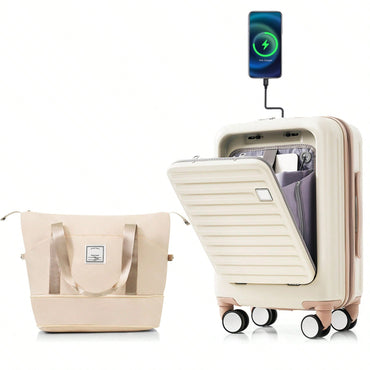 Front Opening 20-Inch Carry-On Luggage Set: Expandable Travel Bag With USB Port And Cup Holder