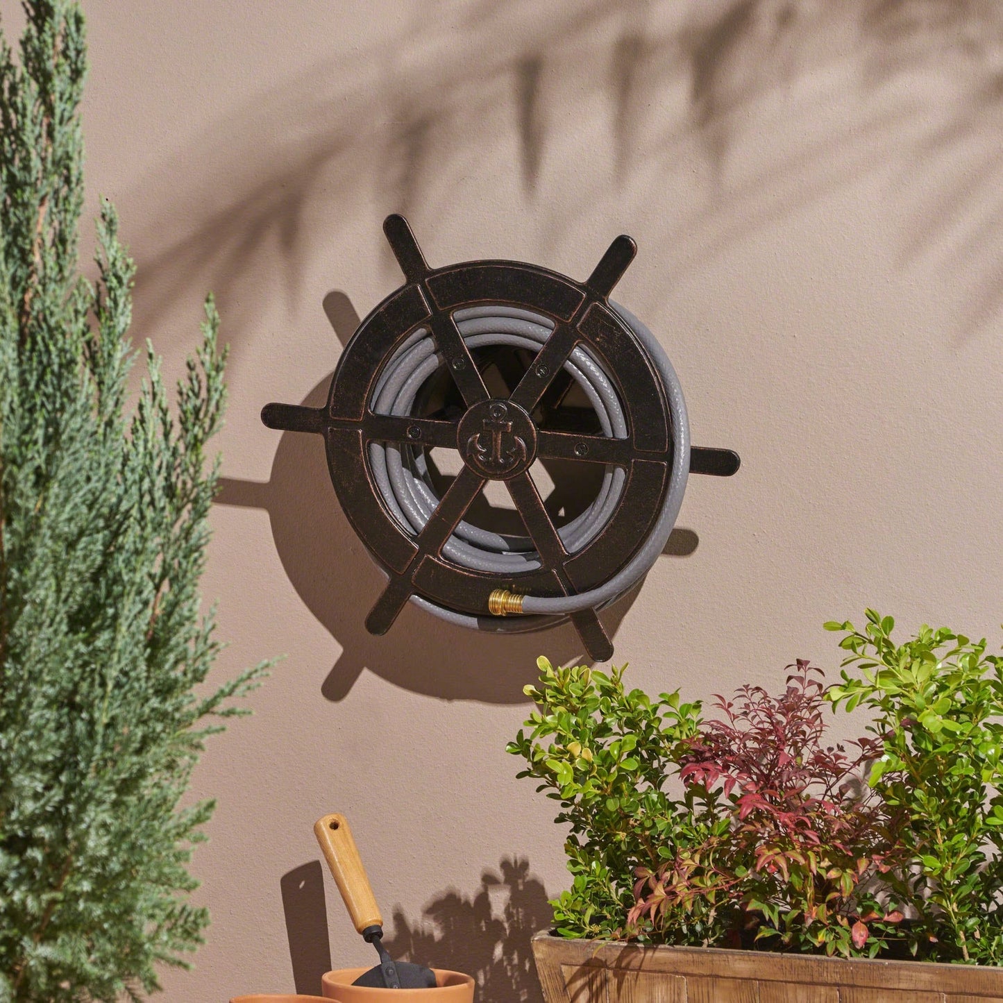 Vanora 20" Hose Holder: Shiny Copper Aluminum Ship Wheel For Stylish Outdoor Decor