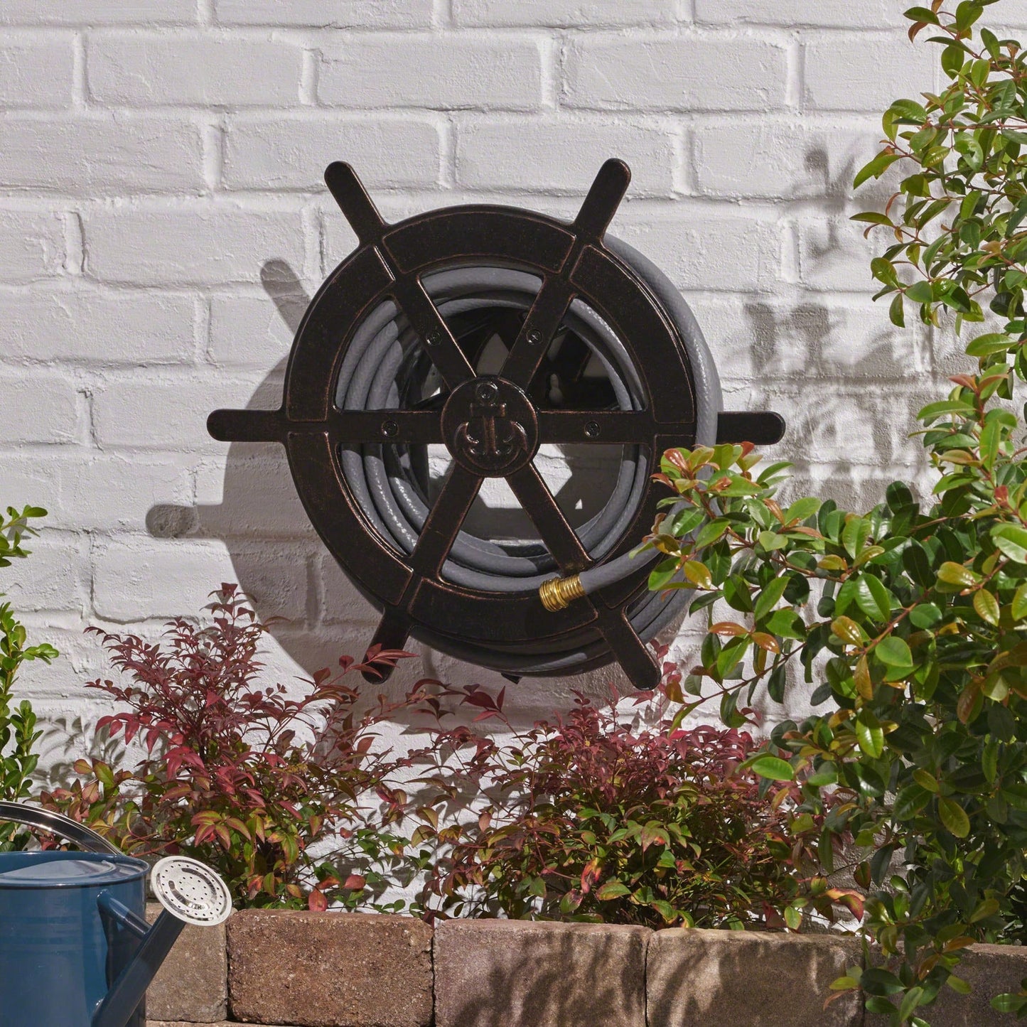 Vanora 20" Hose Holder: Shiny Copper Aluminum Ship Wheel For Stylish Outdoor Decor