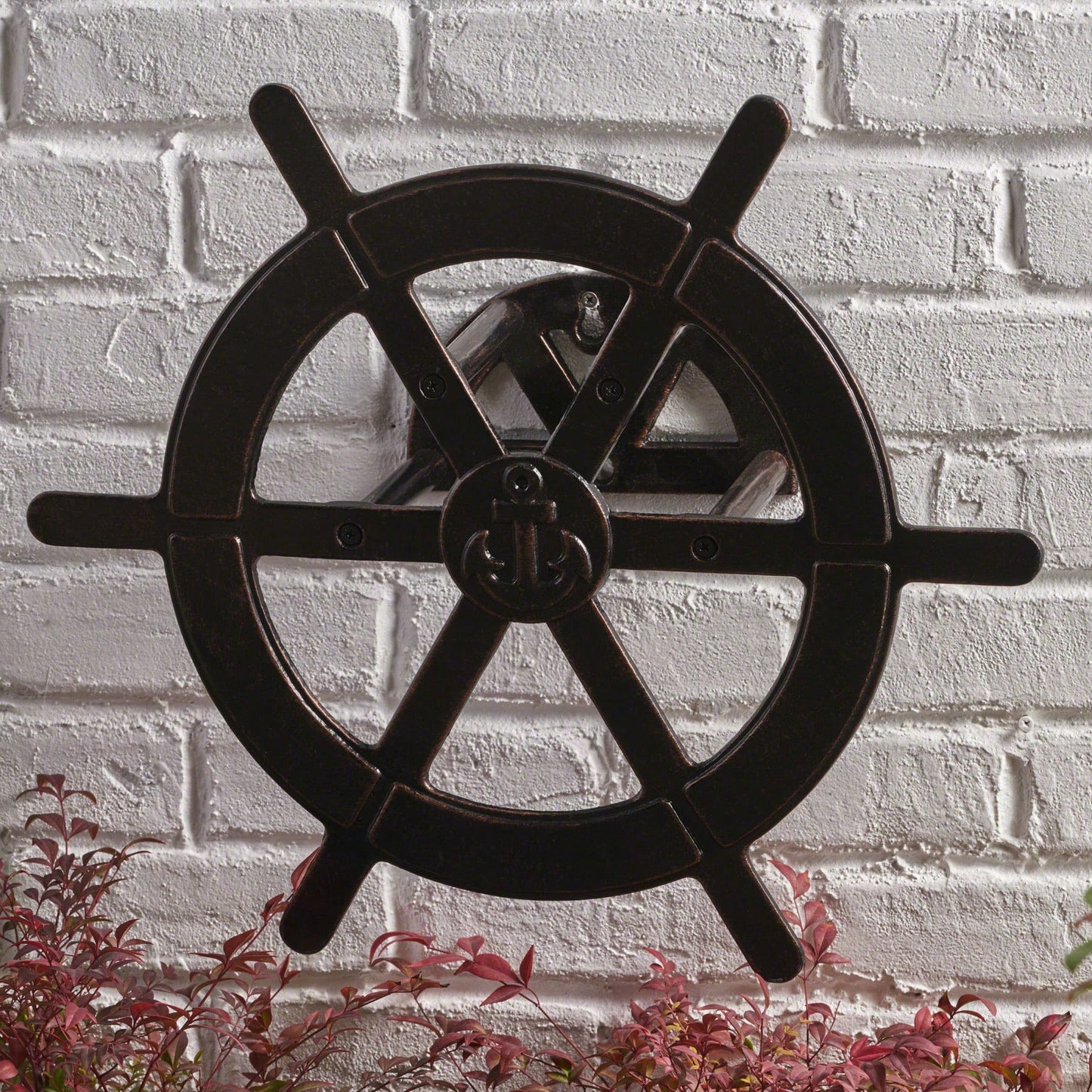 Vanora 20" Hose Holder: Shiny Copper Aluminum Ship Wheel For Stylish Outdoor Decor