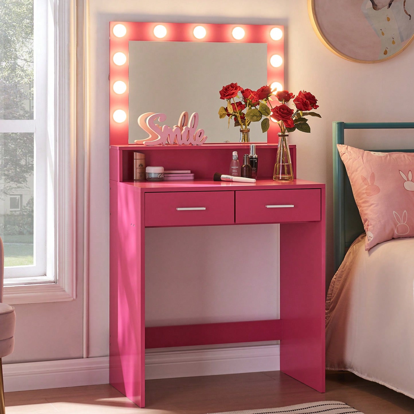 Stylish Vanity Desk with Mirror and LED Lights, 2-Tier Storage Dressing Table with Large Drawer and Adjustable Brightness for Bedroom