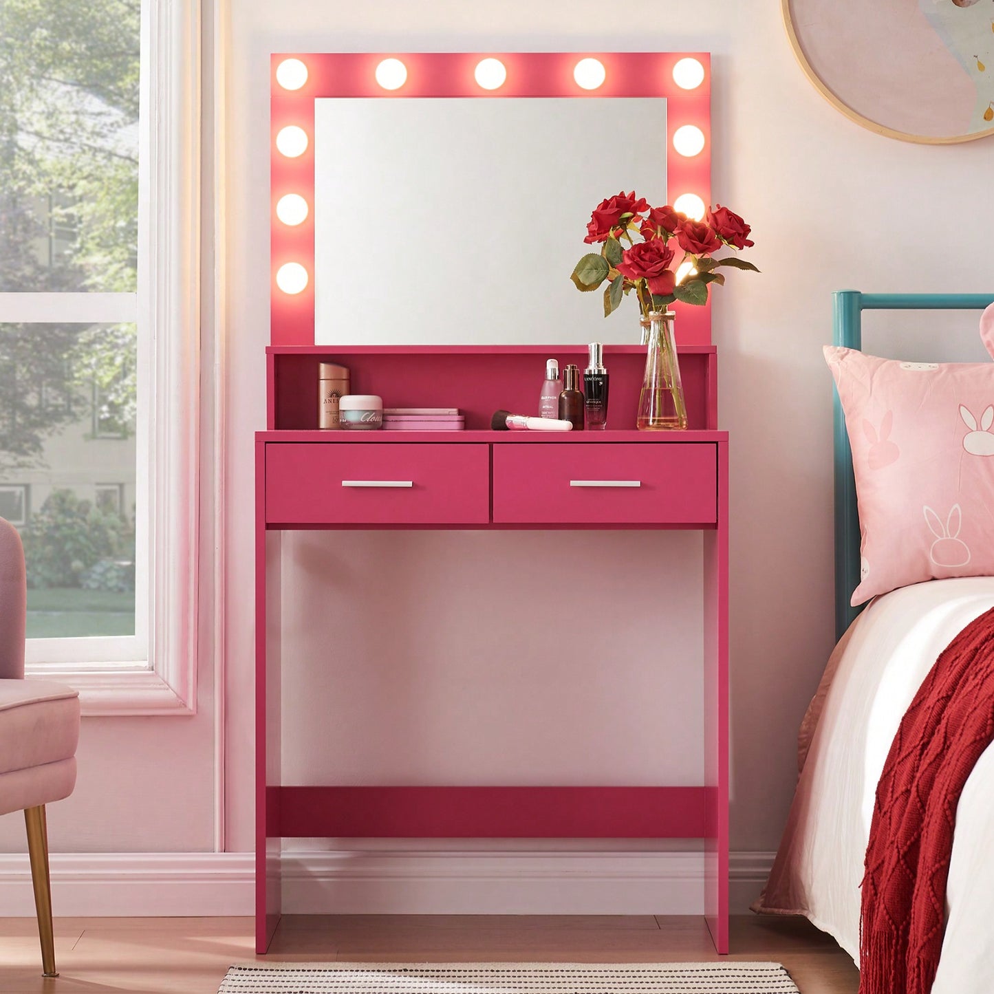 Stylish Vanity Desk with Mirror and LED Lights, 2-Tier Storage Dressing Table with Large Drawer and Adjustable Brightness for Bedroom