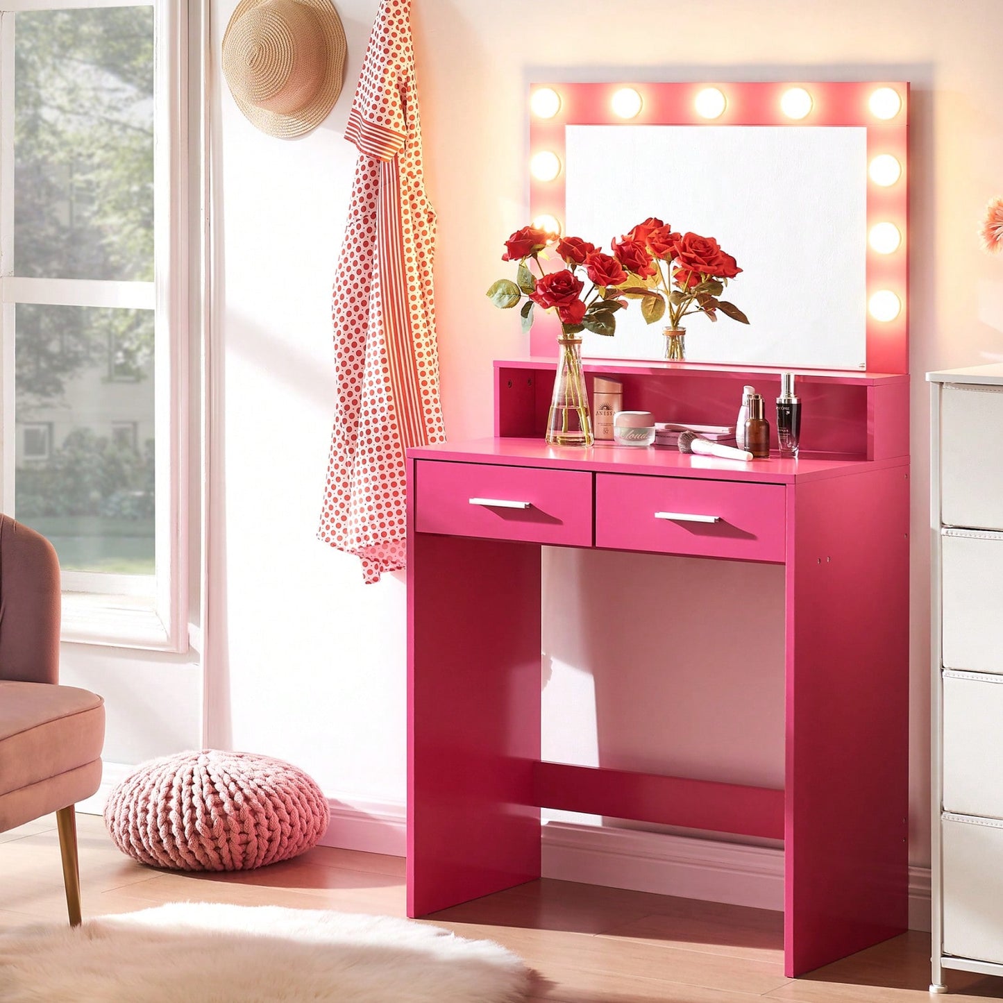 Stylish Vanity Desk with Mirror and LED Lights, 2-Tier Storage Dressing Table with Large Drawer and Adjustable Brightness for Bedroom