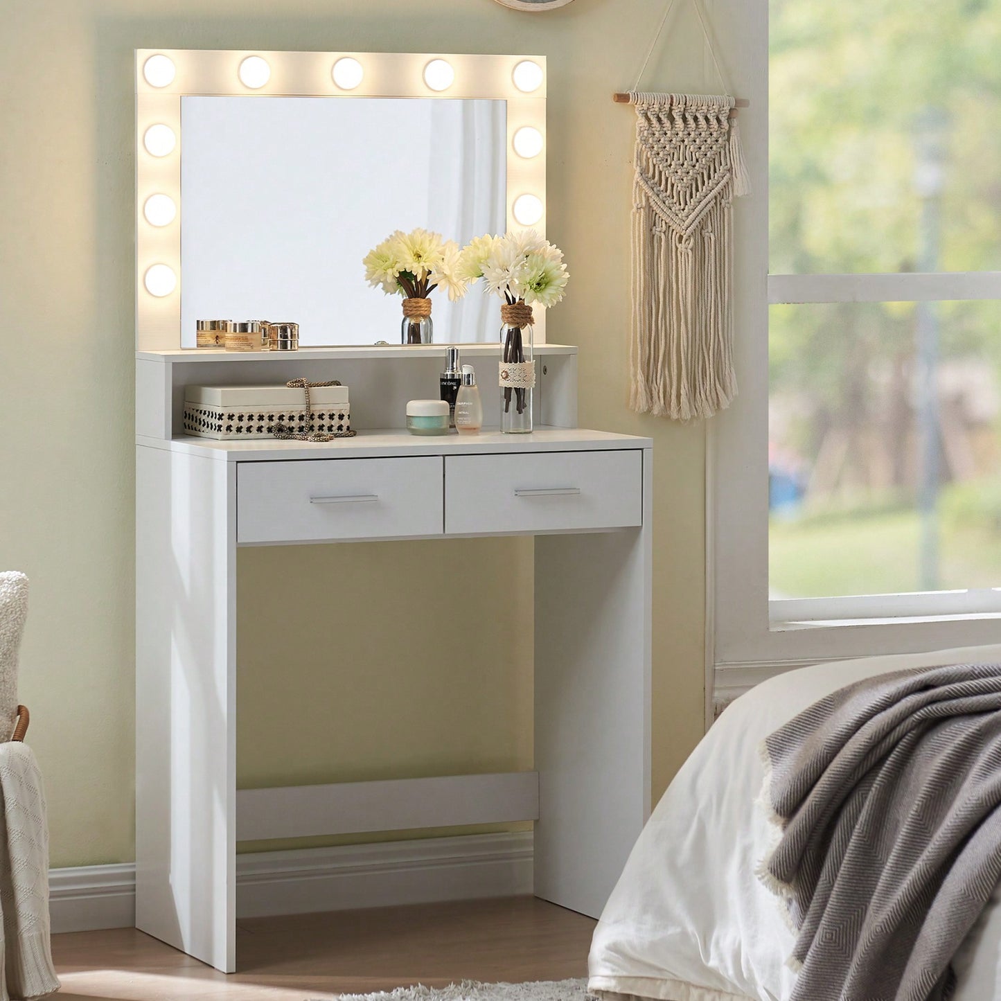 Stylish Vanity Desk with Mirror and LED Lights, 2-Tier Storage Dressing Table with Large Drawer and Adjustable Brightness for Bedroom