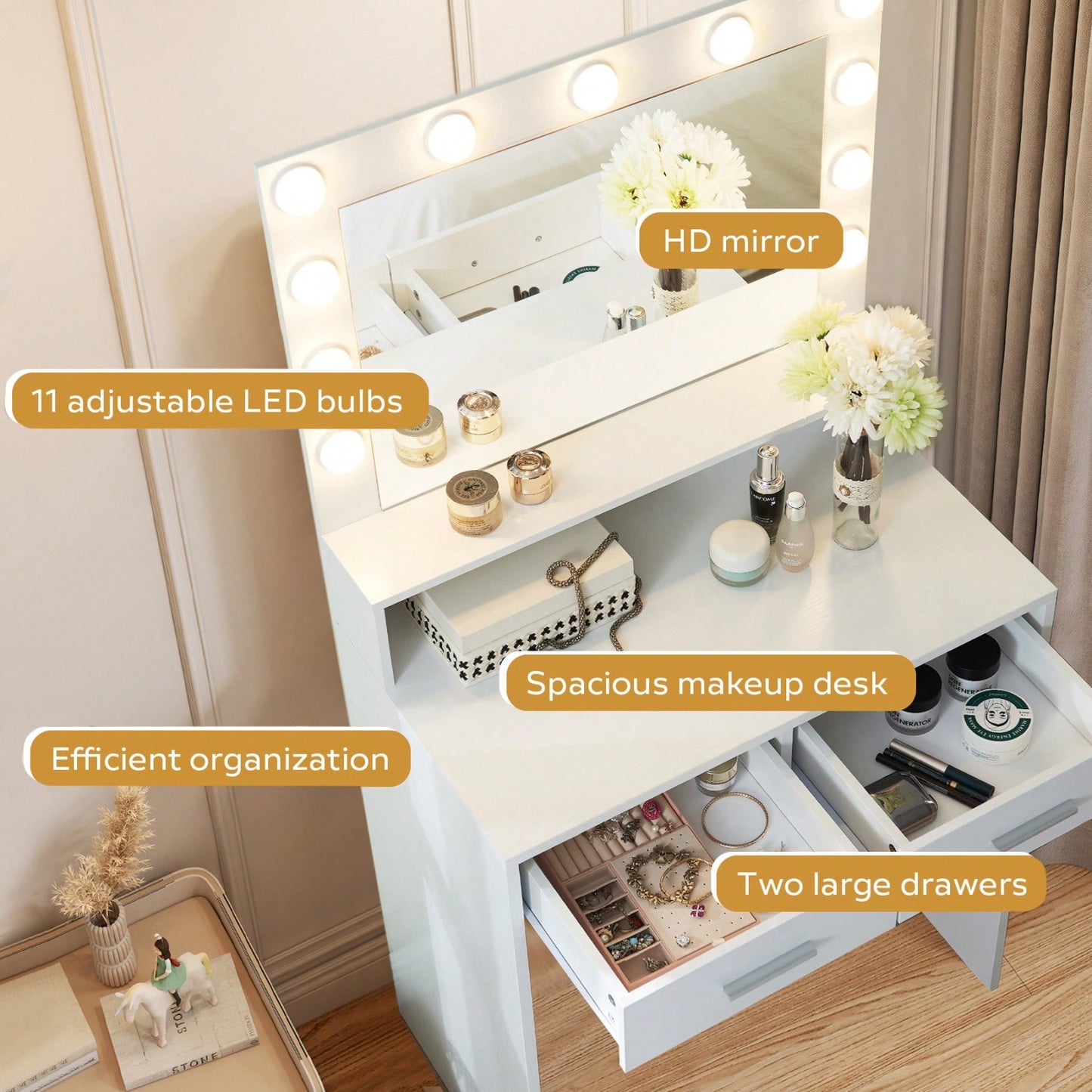 Stylish Vanity Desk with Mirror and LED Lights, 2-Tier Storage Dressing Table with Large Drawer and Adjustable Brightness for Bedroom