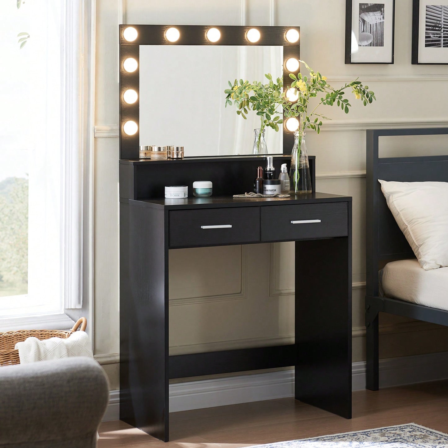 Stylish Vanity Desk with Mirror and LED Lights, 2-Tier Storage Dressing Table with Large Drawer and Adjustable Brightness for Bedroom