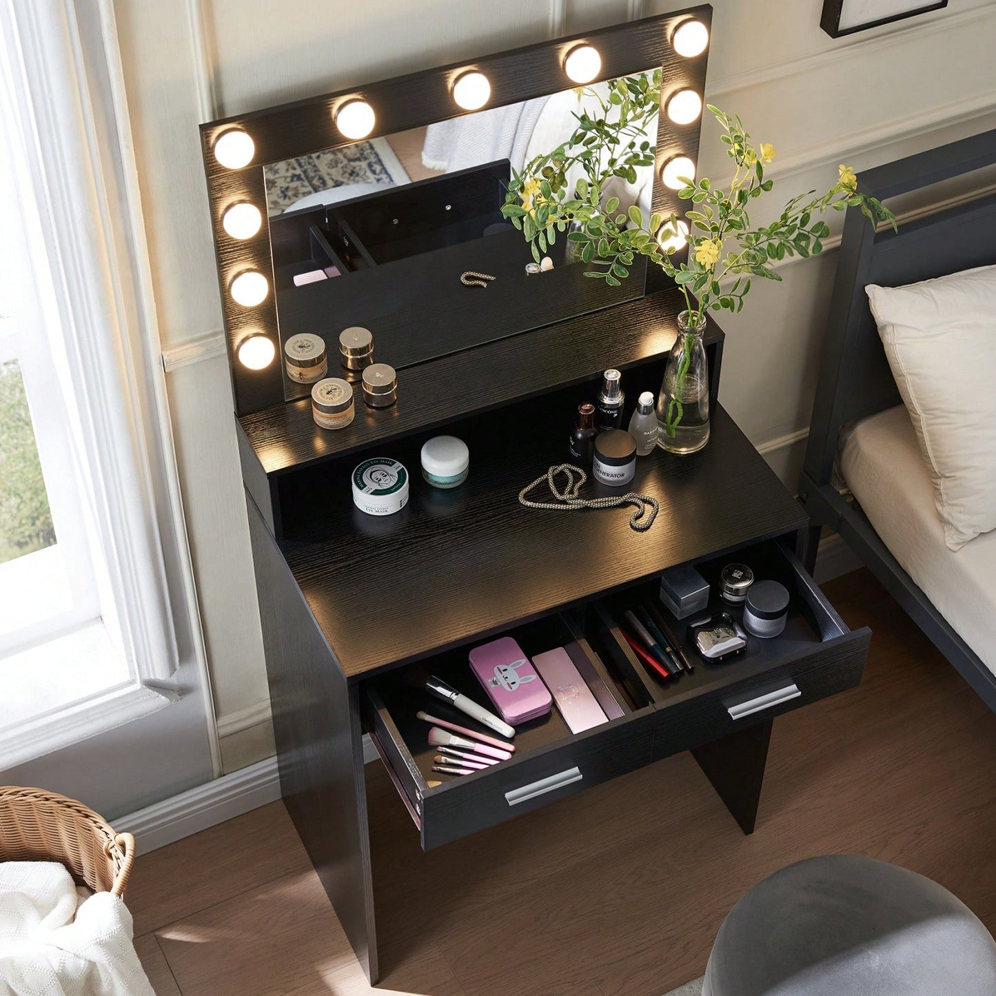 Stylish Vanity Desk with Mirror and LED Lights, 2-Tier Storage Dressing Table with Large Drawer and Adjustable Brightness for Bedroom