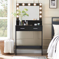 Stylish Vanity Desk with Mirror and LED Lights, 2-Tier Storage Dressing Table with Large Drawer and Adjustable Brightness for Bedroom