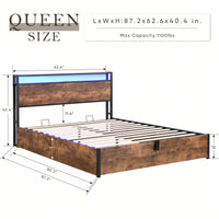 Rustic Brown Queen Size Lift-Up Storage Bed Frame with Bookcase Headboard and LED Lights Charging Station No Box Spring Needed