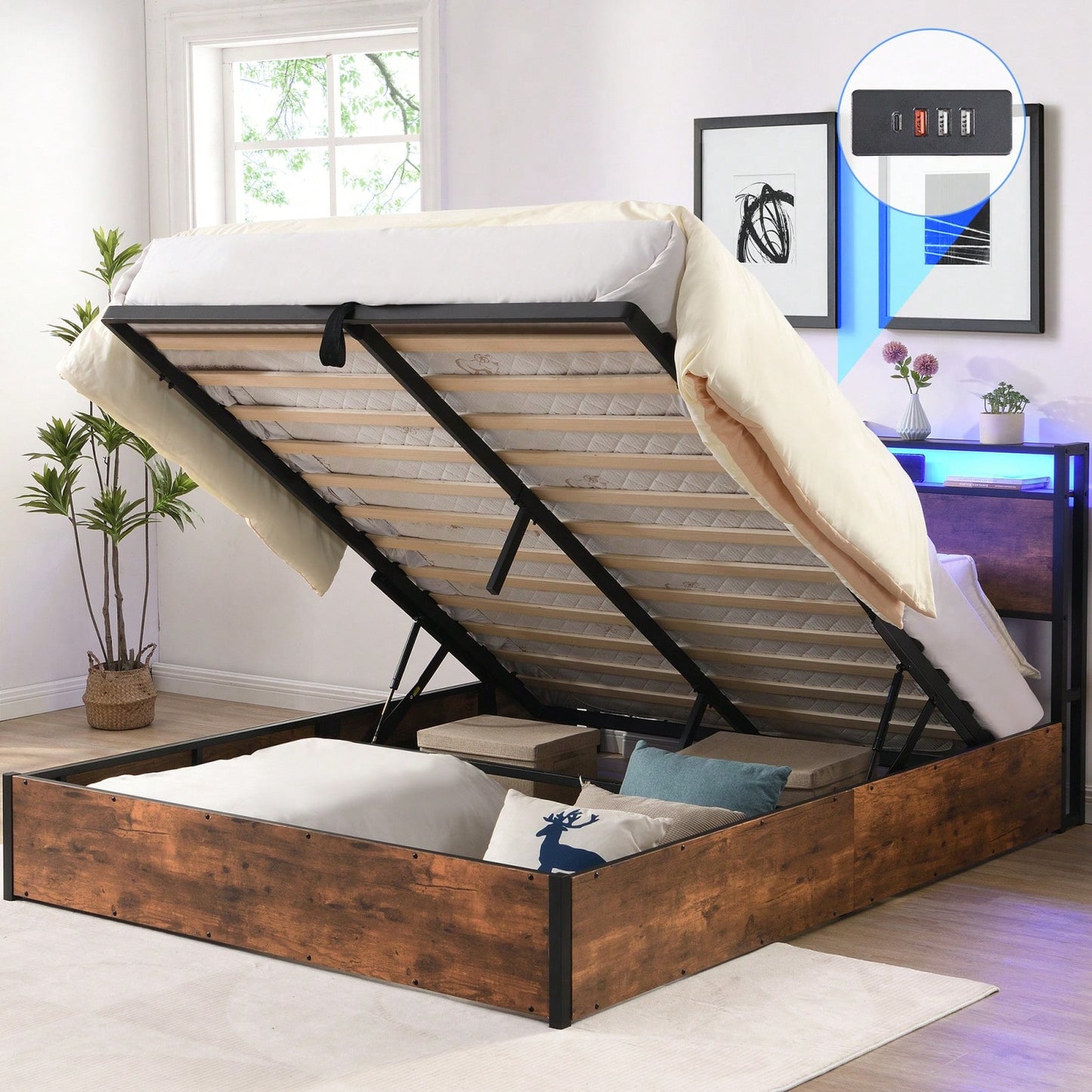 Rustic Brown Queen Size Lift-Up Storage Bed Frame with Bookcase Headboard and LED Lights Charging Station No Box Spring Needed