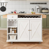 44 Inch Rolling Kitchen Island Cart with Solid Wood Top Wine Storage Spice Rack Towel Rack White and Oak Finish