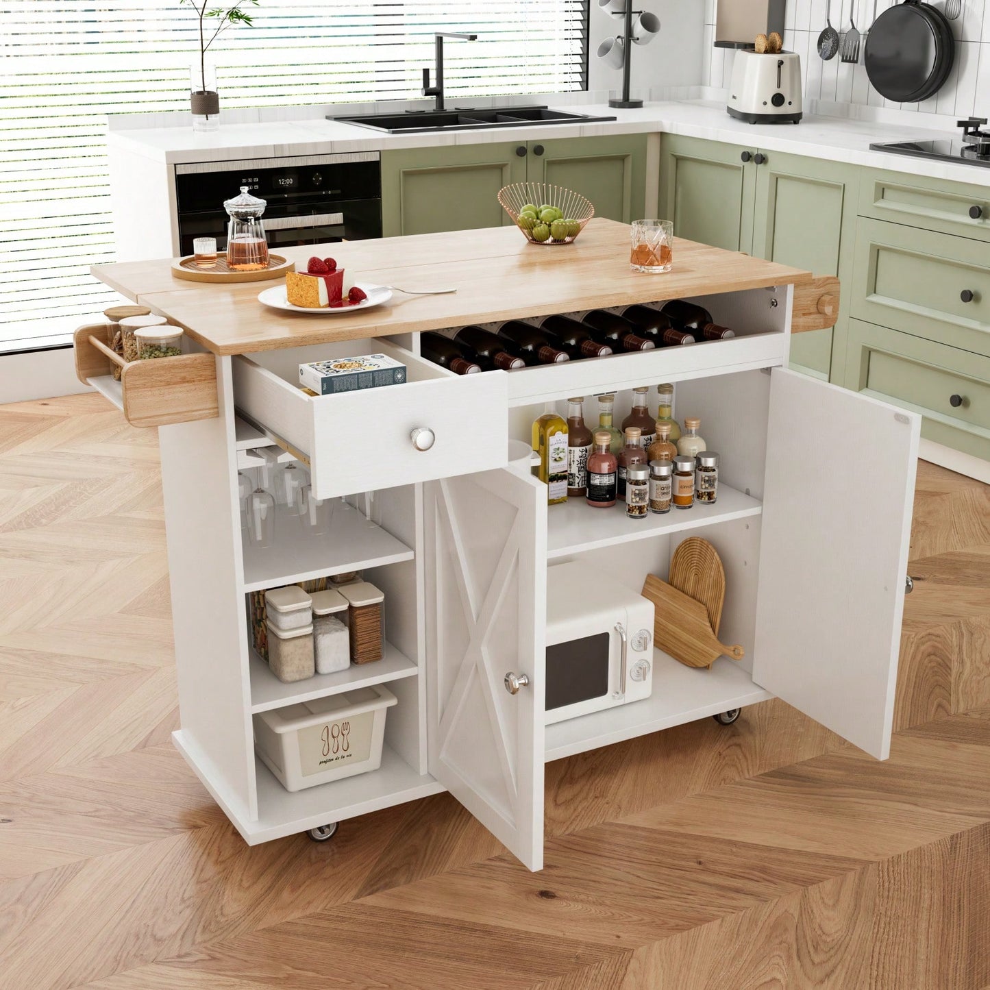 44 Inch Rolling Kitchen Island Cart with Solid Wood Top Wine Storage Spice Rack Towel Rack White and Oak Finish