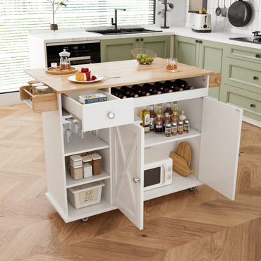 44 Inch Rolling Kitchen Island Cart with Solid Wood Top Wine Storage Spice Rack Towel Rack White and Oak Finish