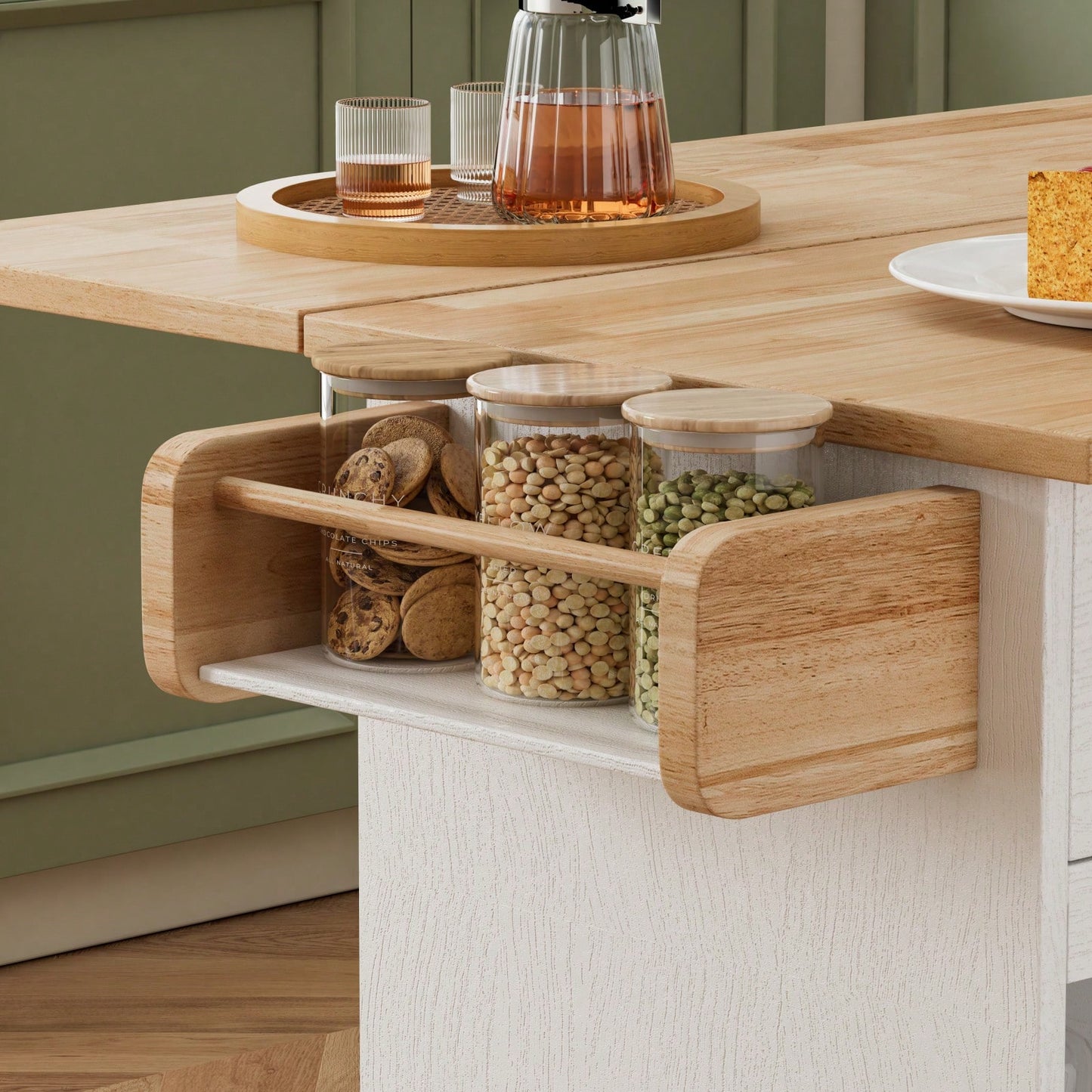 44 Inch Rolling Kitchen Island Cart with Solid Wood Top Wine Storage Spice Rack Towel Rack White and Oak Finish