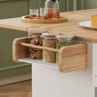 44 Inch Rolling Kitchen Island Cart with Solid Wood Top Wine Storage Spice Rack Towel Rack White and Oak Finish