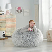 Silver Gray Faux Fur Bean Bag Chair 3 Feet Modern Glam High-Density Foam Cozy Seating for Living Room Bedroom