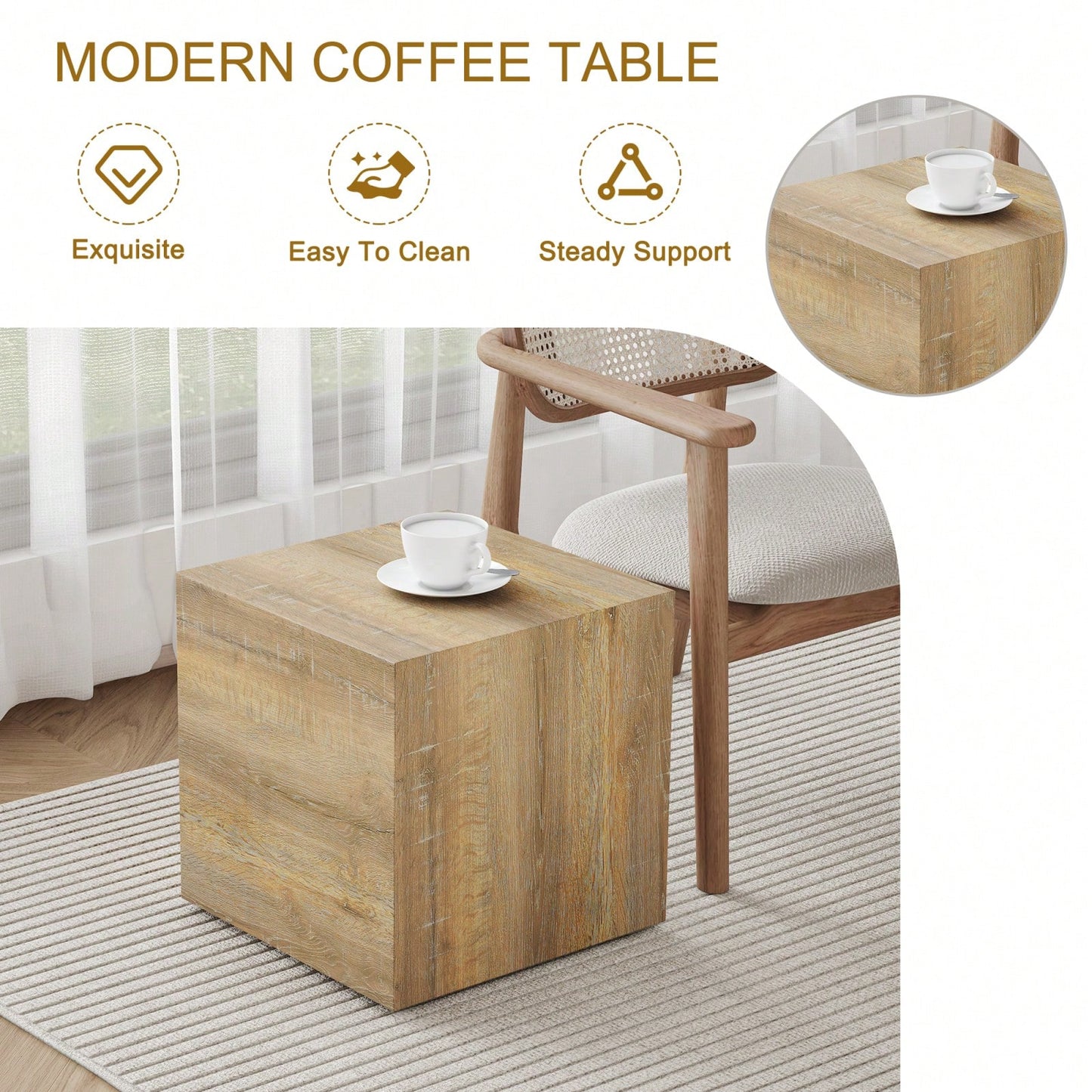 Modern Square MDF Coffee Table With Light Wood Texture 15.7x15.7x15.7 Easy Assembly Stylish Design For Living Room
