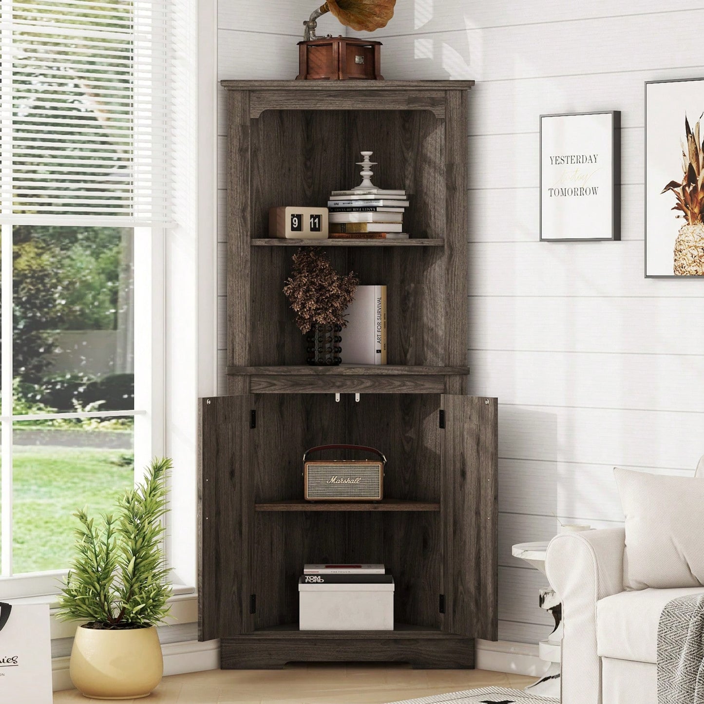 Wood Grain Tall Corner Cabinet with Doors and Open Shelves for Living Room Bathroom Dining Room or Kitchen Storage Solution