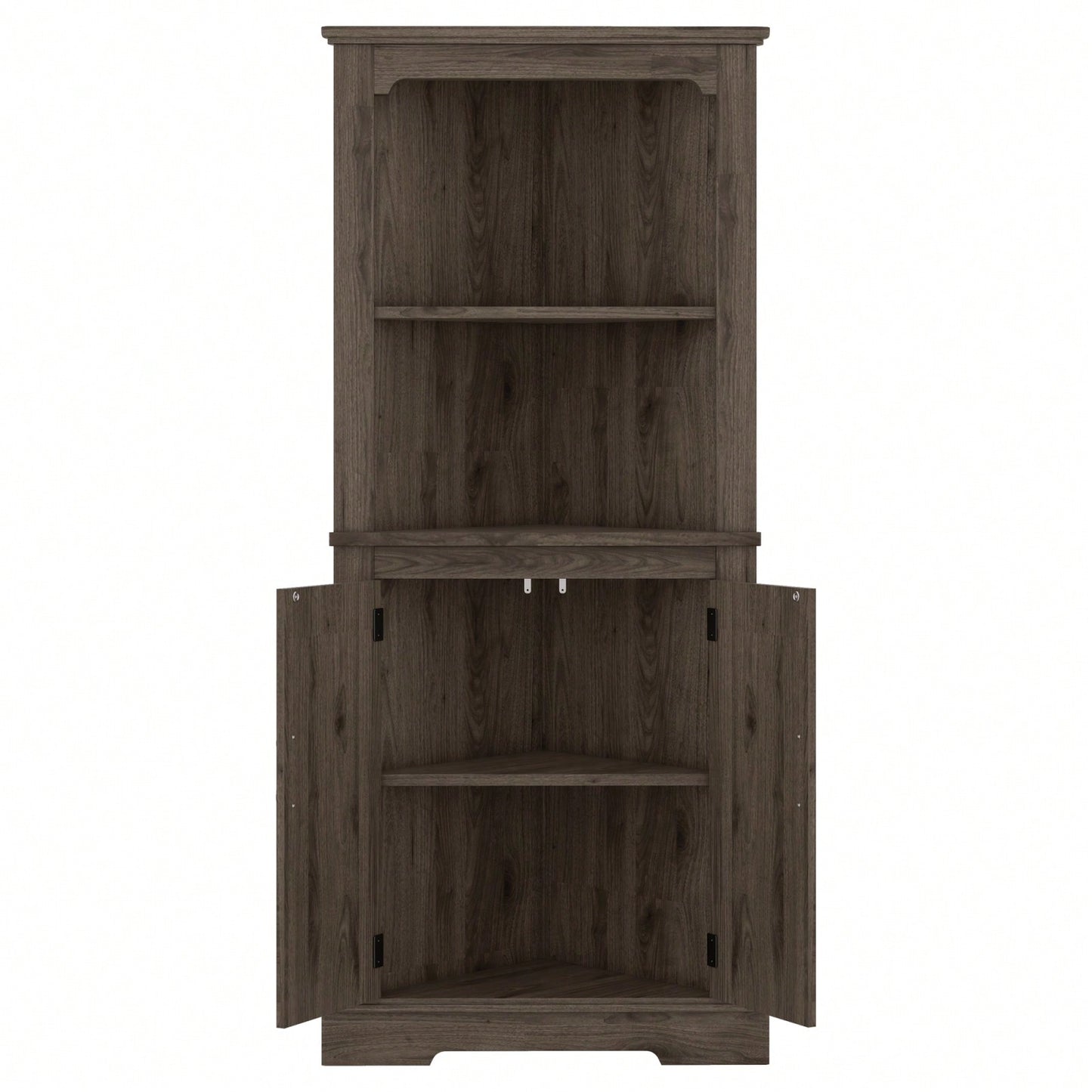 Wood Grain Tall Corner Cabinet with Doors and Open Shelves for Living Room Bathroom Dining Room or Kitchen Storage Solution