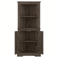 Wood Grain Tall Corner Cabinet with Doors and Open Shelves for Living Room Bathroom Dining Room or Kitchen Storage Solution