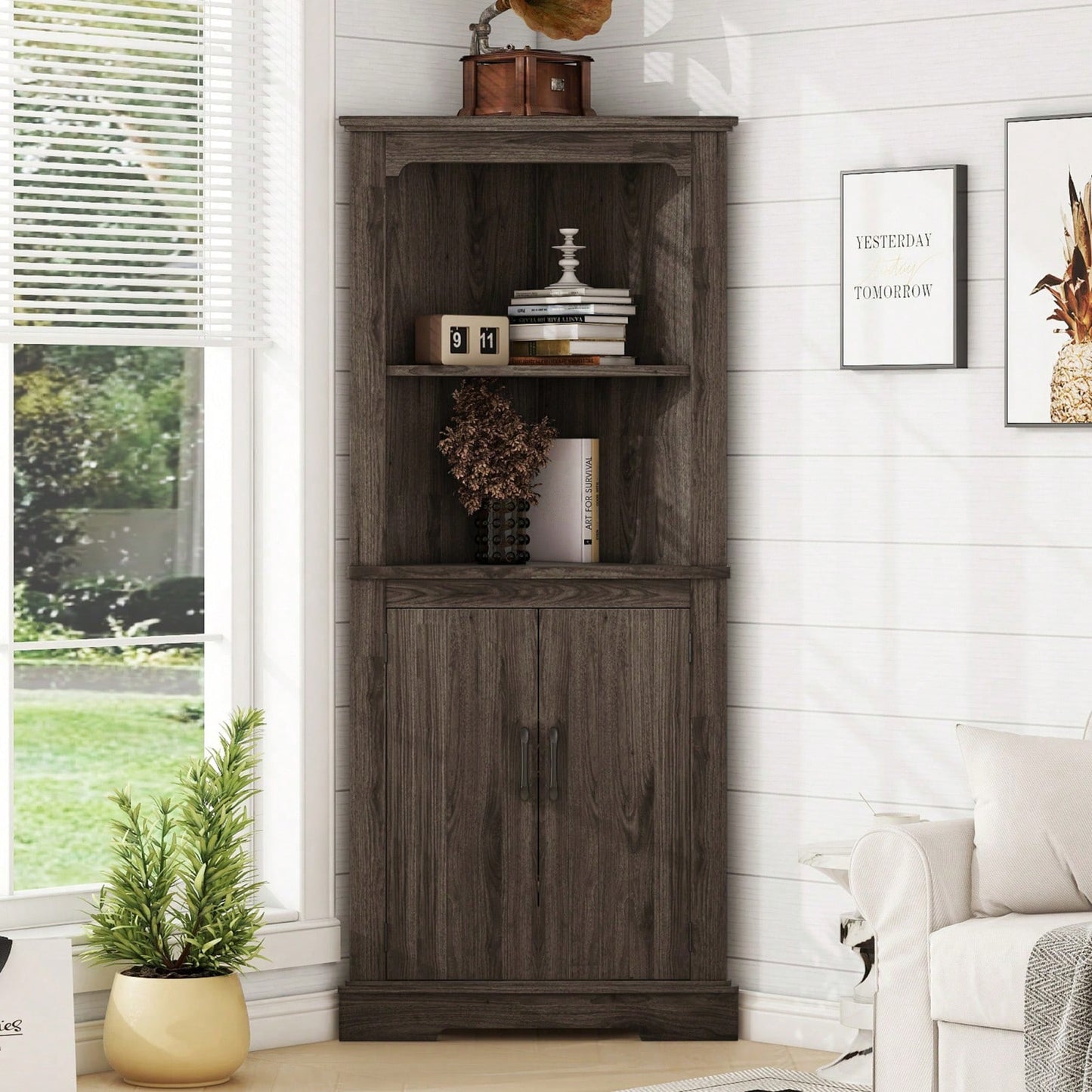 Wood Grain Tall Corner Cabinet with Doors and Open Shelves for Living Room Bathroom Dining Room or Kitchen Storage Solution