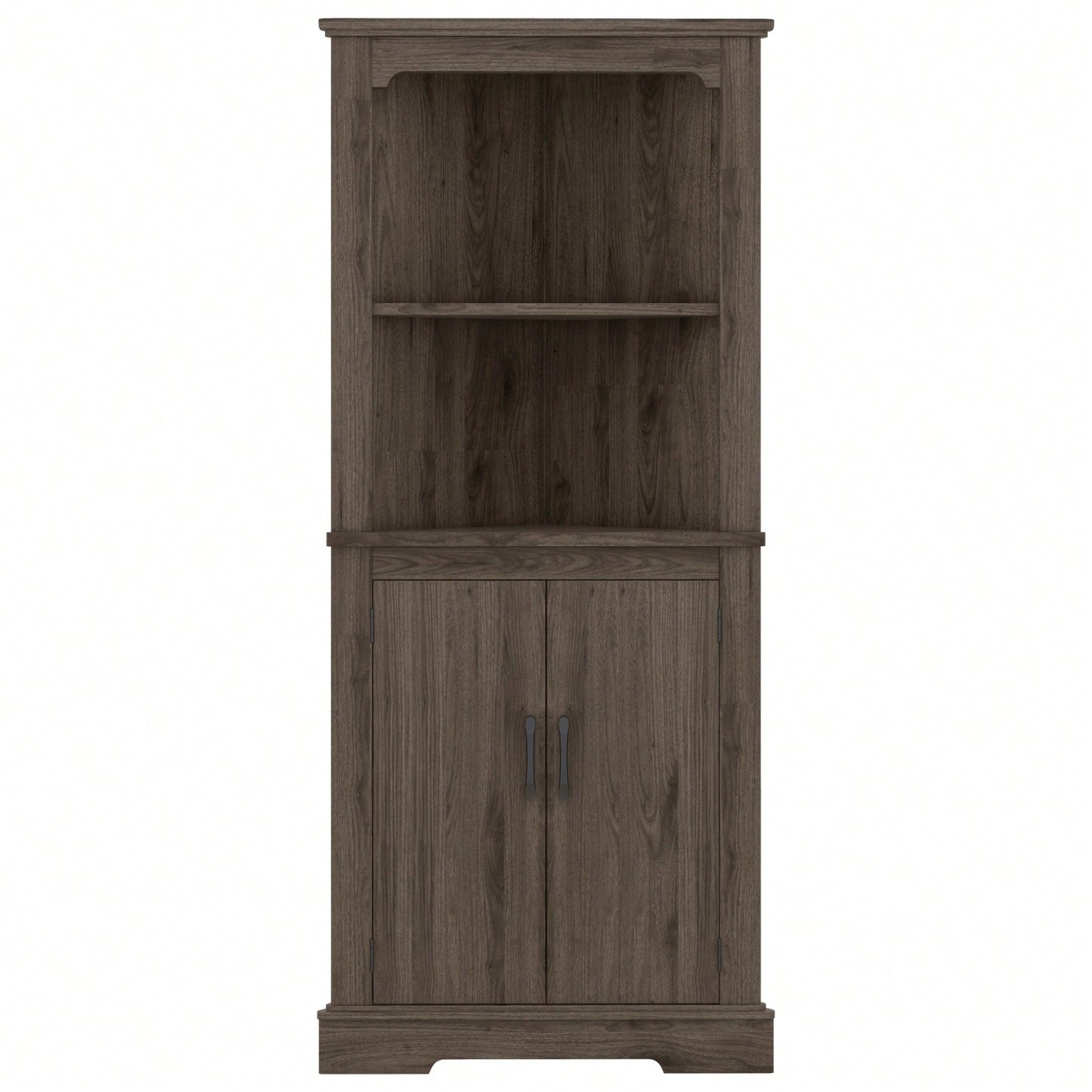 Wood Grain Tall Corner Cabinet with Doors and Open Shelves for Living Room Bathroom Dining Room or Kitchen Storage Solution