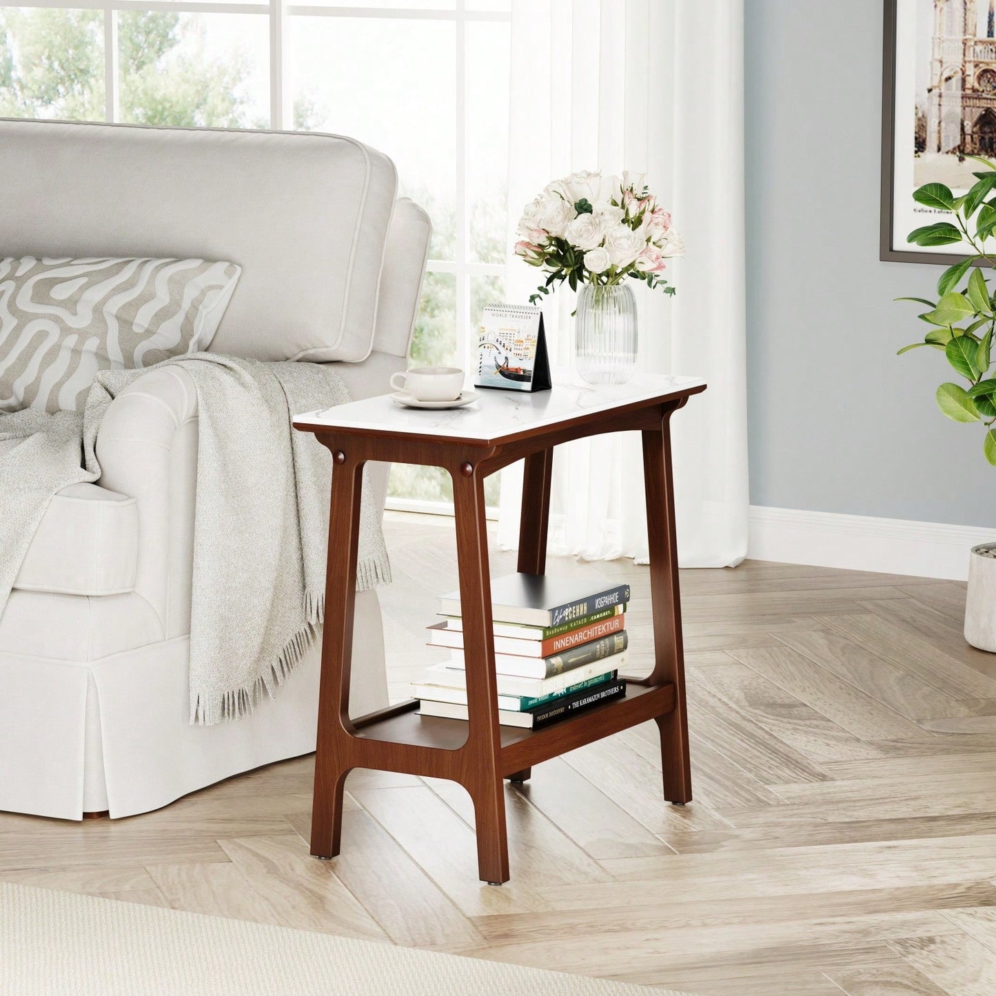 Retro Reddish Brown Slim Slate Side Table with Storage Shelf for Living Room Bedroom Entryway Farmhouse Nightstand