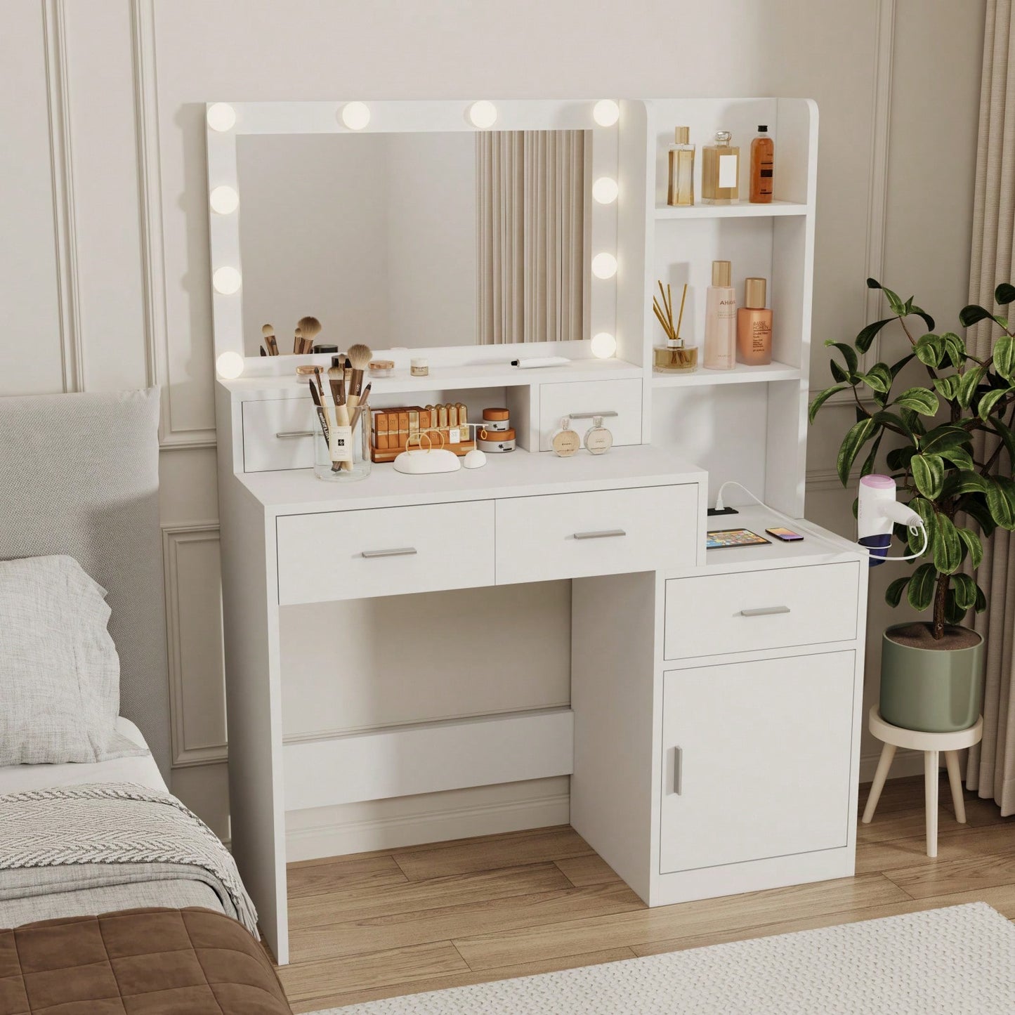 Modern Smart Mirror Vanity Table with 10 Lights and Ample Storage for Bedroom and Dressing Room