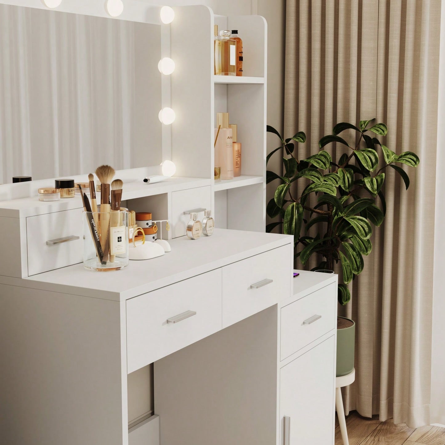 Modern Smart Mirror Vanity Table with 10 Lights and Ample Storage for Bedroom and Dressing Room