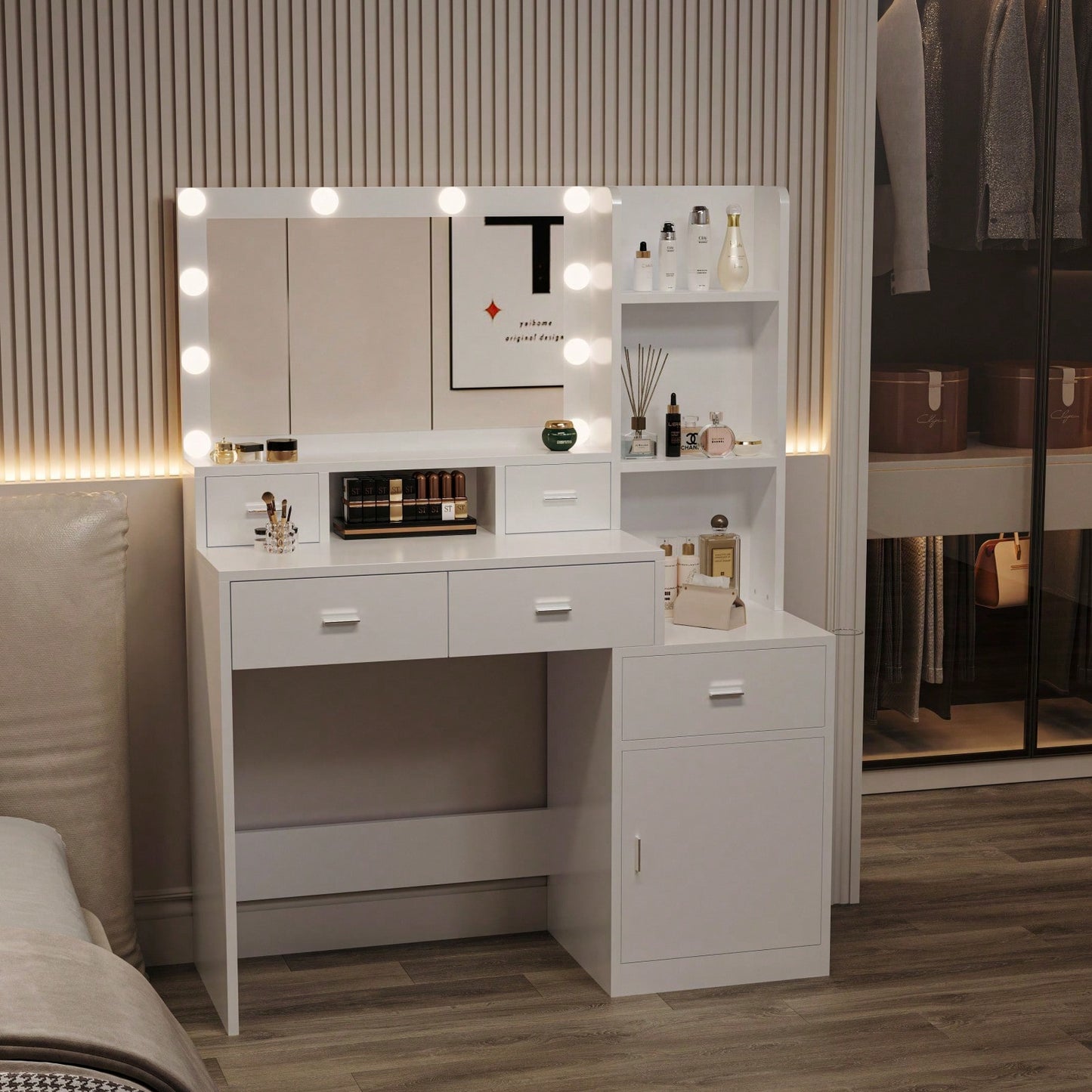 Modern Smart Mirror Vanity Table with 10 Lights and Ample Storage for Bedroom and Dressing Room