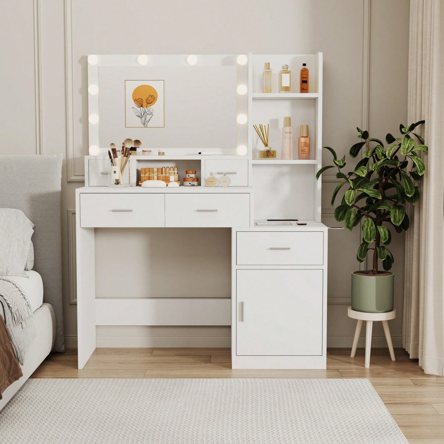 Modern Smart Mirror Vanity Table with 10 Lights and Ample Storage for Bedroom and Dressing Room