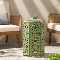 14 Inch Round Metal Accent Table with Sunburst Design for Indoor Outdoor Use Lightweight Portable Side Table for Drinks and Snacks