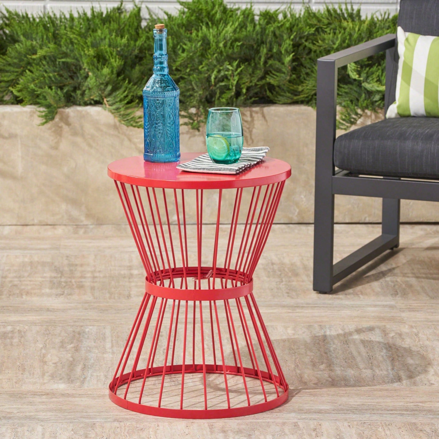 Chic Modern Hourglass Side Table for Outdoor Use Powder-Coated Iron Open Cage Design 16.25 W x 16.25 D x 21 H Ideal for Snacks and Drinks