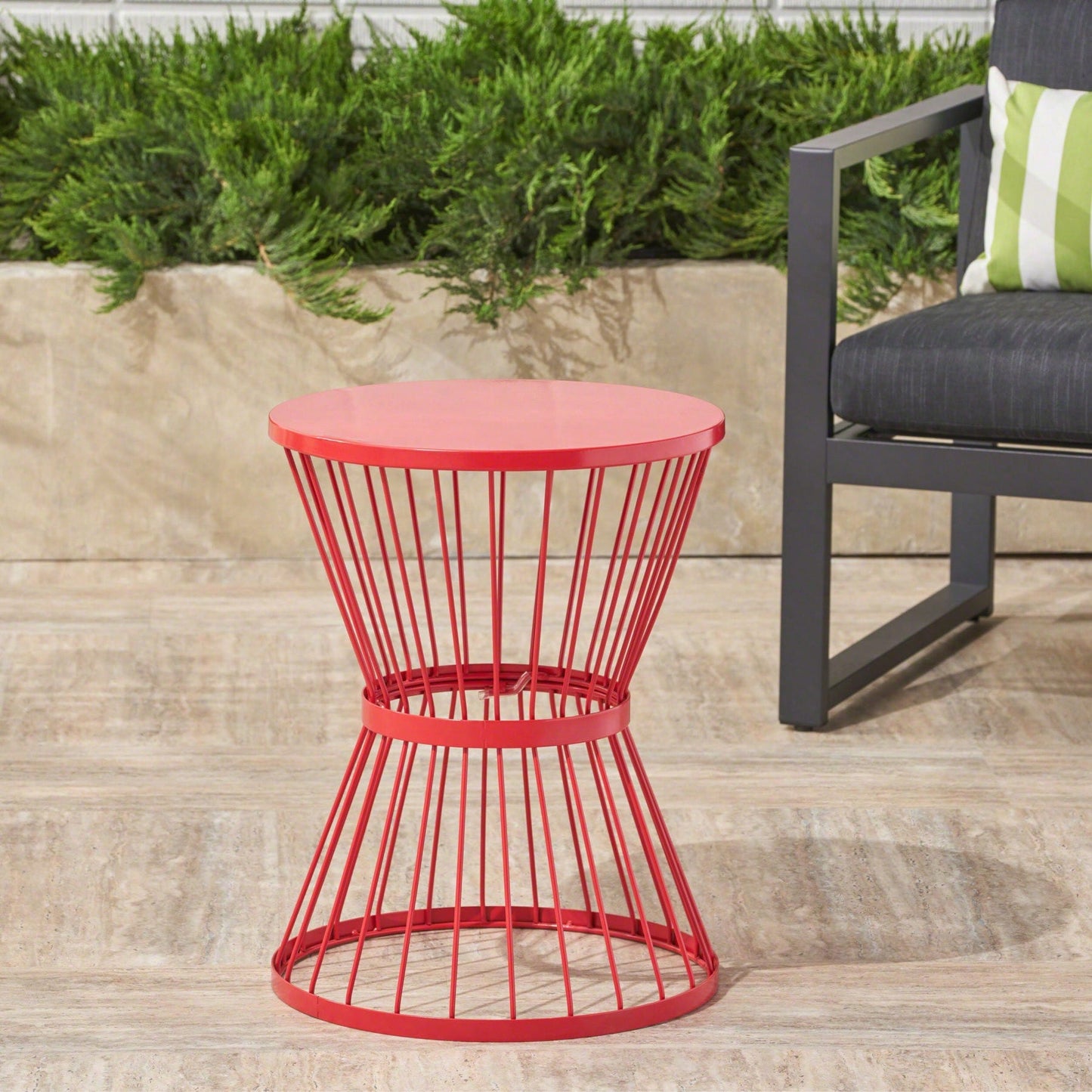 Chic Modern Hourglass Side Table for Outdoor Use Powder-Coated Iron Open Cage Design 16.25 W x 16.25 D x 21 H Ideal for Snacks and Drinks