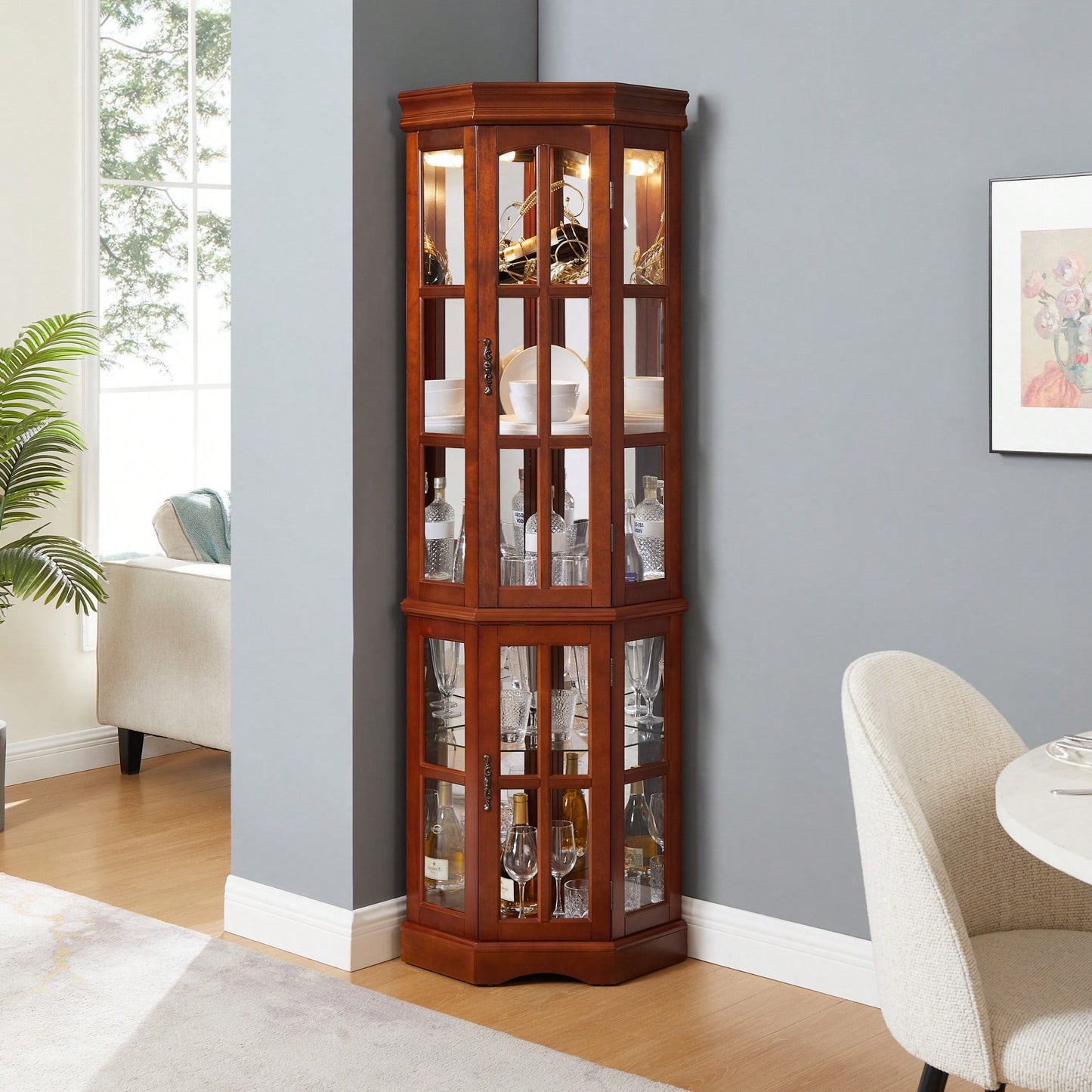 Elegant Corner Curio Cabinet With Adjustable Glass Shelves And Integrated Lighting System