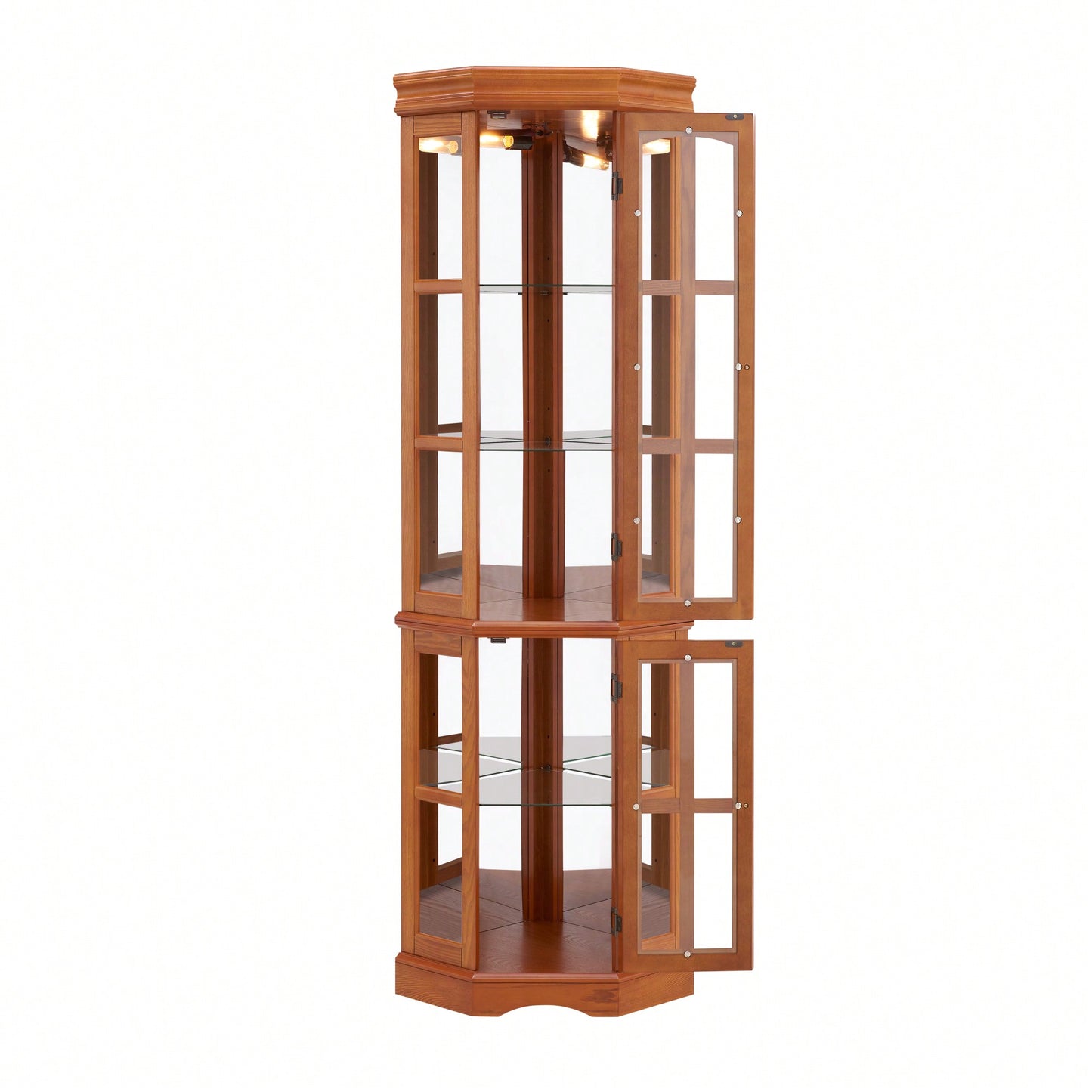 Elegant Corner Curio Cabinet With Adjustable Glass Shelves And Integrated Lighting System