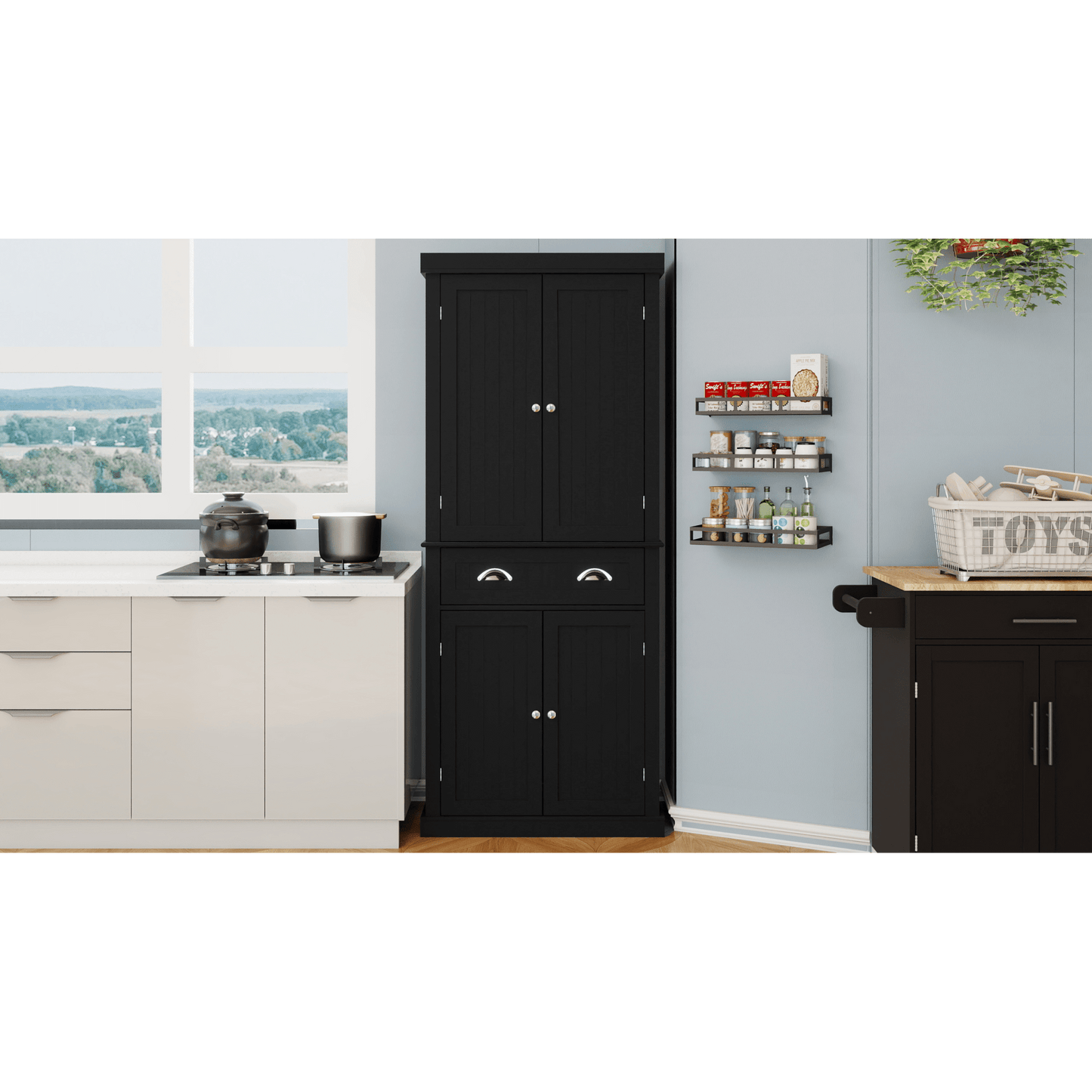 Elegant 71-Inch Kitchen Pantry Storage Cabinet With Adjustable Shelves, Drawer, And 4 Doors For Dining Room And Laundry - Black Finish