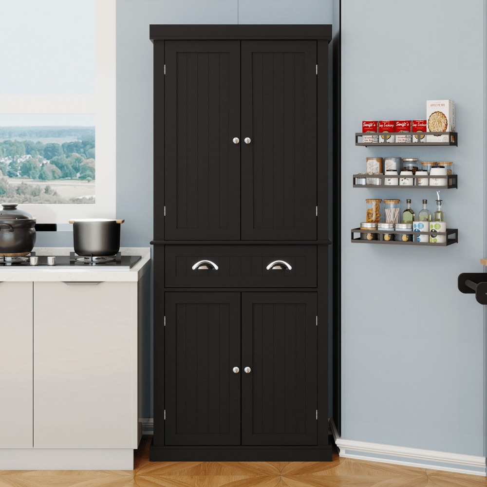 Elegant 71-Inch Kitchen Pantry Storage Cabinet With Adjustable Shelves, Drawer, And 4 Doors For Dining Room And Laundry - Black Finish