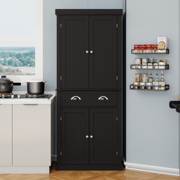 Elegant 71-Inch Kitchen Pantry Storage Cabinet With Adjustable Shelves, Drawer, And 4 Doors For Dining Room And Laundry - Black Finish